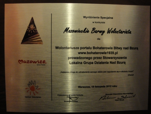 Wyr�nienie Specjalne dla Wolontariuszy portalu Bohaterowie Bitwy Nad Bzur�